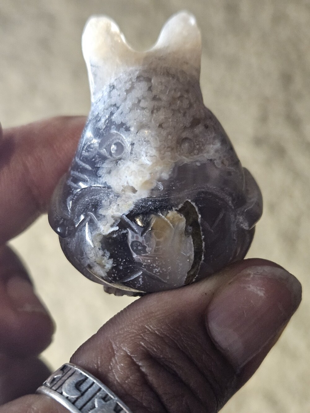 Hand-Carved Flower Agate Totoro in Gray and Cream